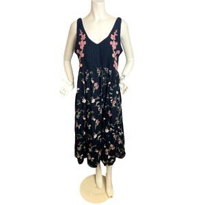 Anthropologie MIDI Dress Size Small Sleeveless Lola  Embroidered Floral Black